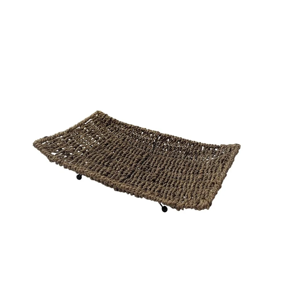 Woven Seagrass Wicker Tray Rectangular Footed Riser Brown Coastal Boho 13x8